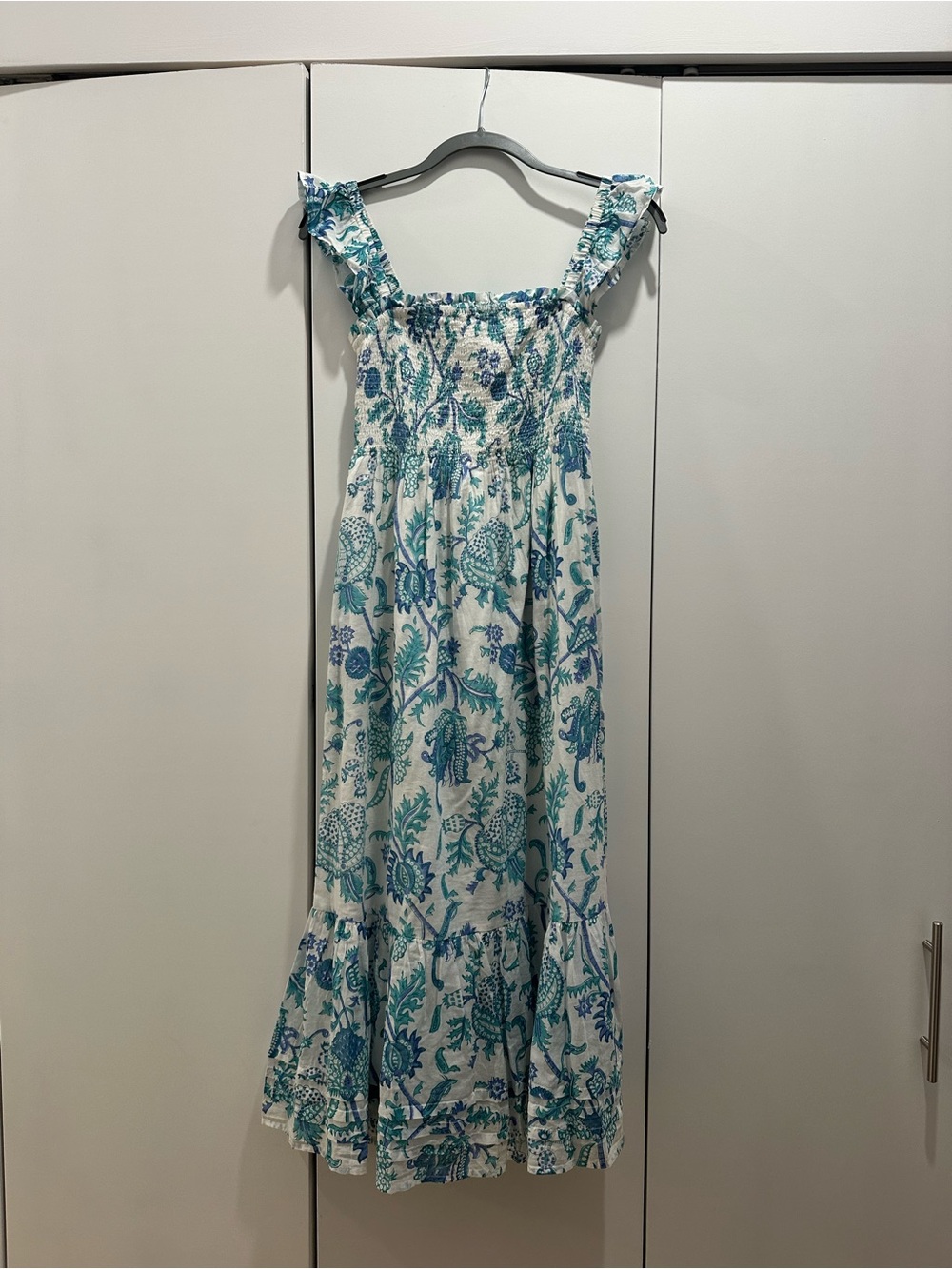 Roller Rabbit White Maxi Dress with Blue and Teal Floral Print